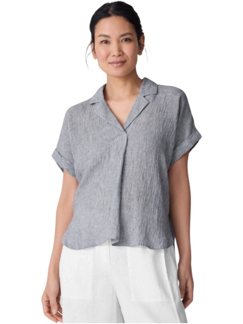 XL Eileen Fisher Puckered Organic Linen Stripe Notch Collar Popover Top in Ink